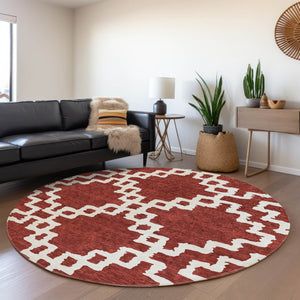 HomeRoots 8' Brick Red & Ivory Abstract Geometric Round Rug - Washable, UV-Protected, Durable & Stylish Design 671699