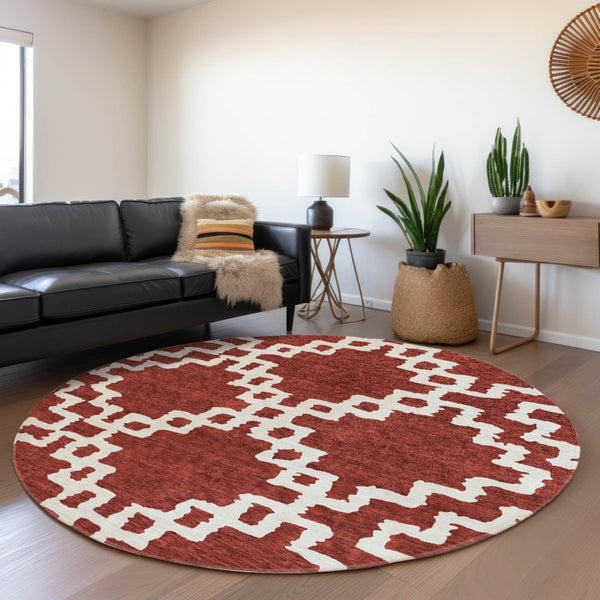 HomeRoots 8' Brick Red & Ivory Abstract Geometric Round Rug - Washable, UV-Protected, Durable & Stylish Design 671699