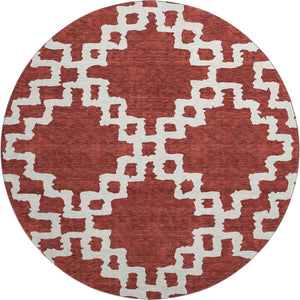 HomeRoots 8' Brick Red & Ivory Abstract Geometric Round Rug - Washable, UV-Protected, Durable & Stylish Design 671699
