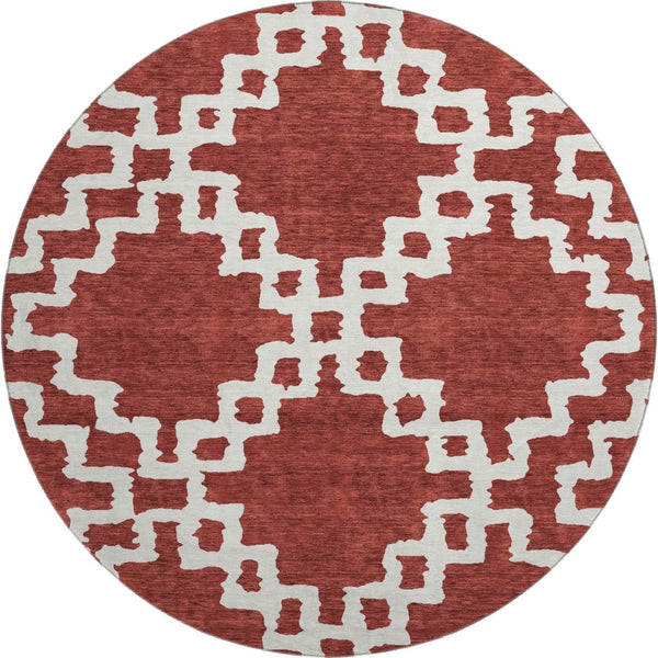 HomeRoots 8' Brick Red & Ivory Abstract Geometric Round Rug - Washable, UV-Protected, Durable & Stylish Design 671699