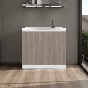 English Elm Zurich Freestanding Stainless Steel Utility Sink with Black Storage Cabinet for Garage Light Espresso B200S00459
