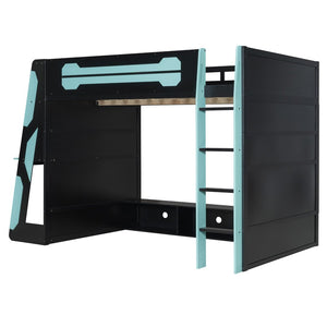 English Elm Full Size Wood Loft Bed with Rgb Lighting Desk Storage and Gaming Console Shelf Blue LT000260AAC