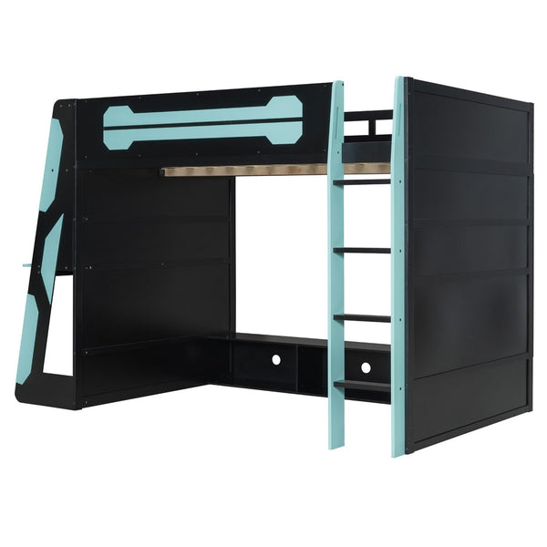 English Elm Full Size Wood Loft Bed with Rgb Lighting Desk Storage and Gaming Console Shelf Blue LT000260AAC
