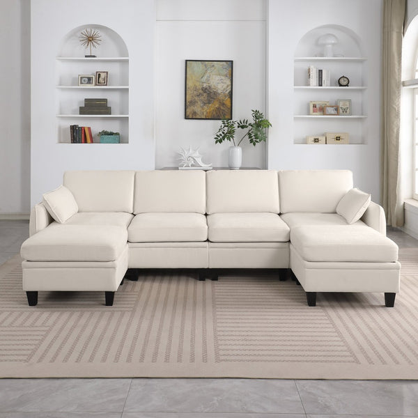 English Elm 102 Inch Linen Modular Sectional Sofa with Hidden Storage and Cloud Cushion Comfort Beige W1099S00208