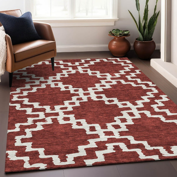 HomeRoots 10' X 14' Washable Brick Red & Ivory Abstract Geometric Area Rug with UV Protection for Homes 671702