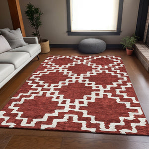HomeRoots 10' X 14' Washable Brick Red & Ivory Abstract Geometric Area Rug with UV Protection for Homes 671702