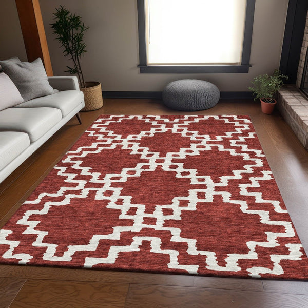 HomeRoots 10' X 14' Washable Brick Red & Ivory Abstract Geometric Area Rug with UV Protection for Homes 671702