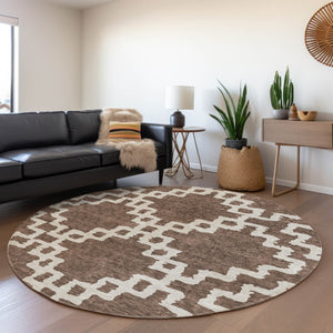 HomeRoots 8' Brown And Beige Abstract Geometric Round Rug - Washable, UV Protected, Stain-Resistant Design! 671705
