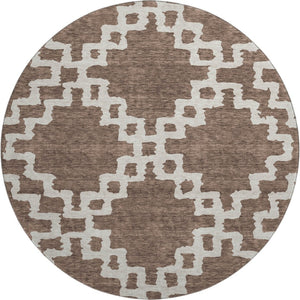 HomeRoots 8' Brown And Beige Abstract Geometric Round Rug - Washable, UV Protected, Stain-Resistant Design! 671705