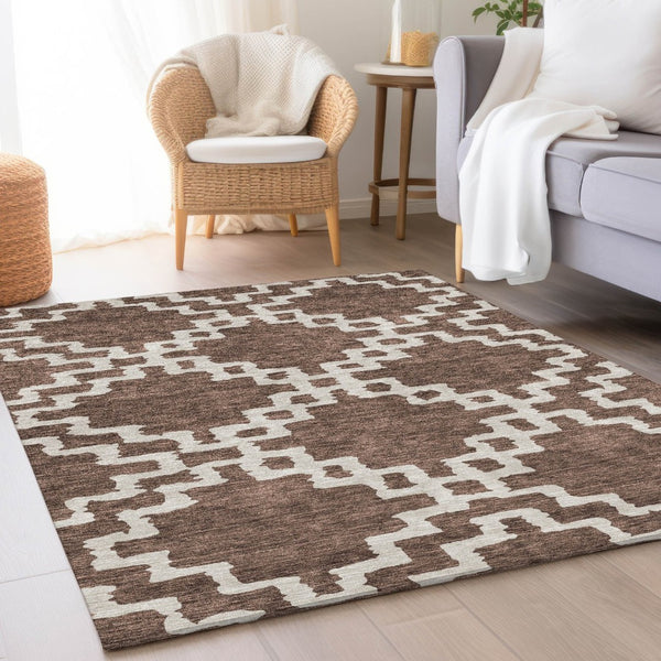 HomeRoots 9' X 12' Washable Brown & Beige Geometric Area Rug with UV Protection for High-Traffic Spaces 671707