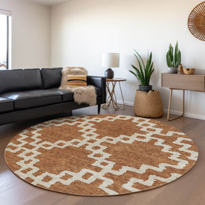 HomeRoots 8' Modern Rust and Beige Abstract Geometric Round Rug - Washable, UV Protected, Stain Resistant Design 671729