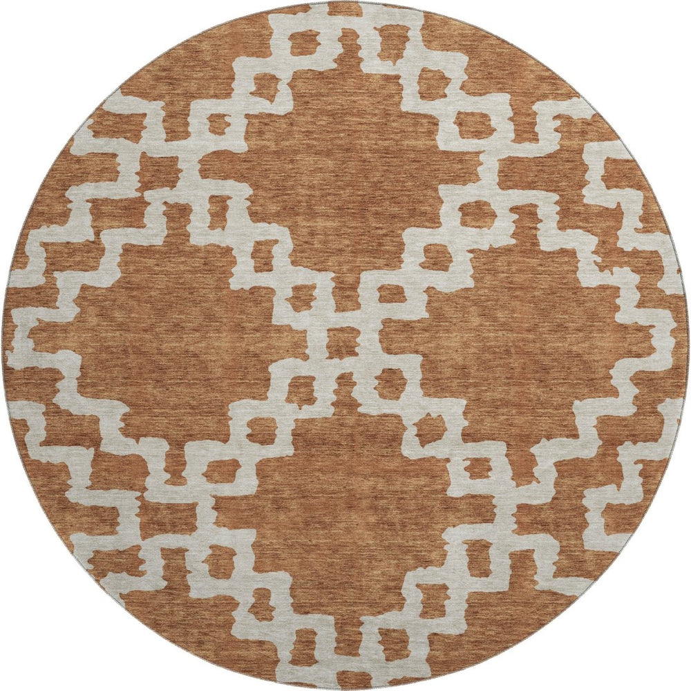 HomeRoots 8' Modern Rust and Beige Abstract Geometric Round Rug - Washable, UV Protected, Stain Resistant Design 671729