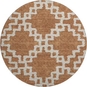 HomeRoots 8' Modern Rust and Beige Abstract Geometric Round Rug - Washable, UV Protected, Stain Resistant Design 671729