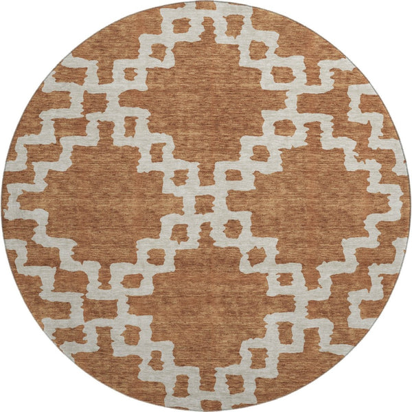 HomeRoots 8' Modern Rust and Beige Abstract Geometric Round Rug - Washable, UV Protected, Stain Resistant Design 671729