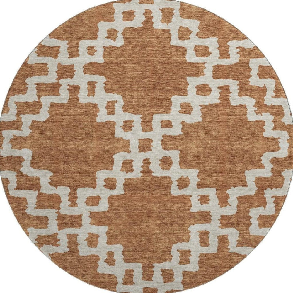 HomeRoots 8' Modern Rust and Beige Abstract Geometric Round Rug - Washable, UV Protected, Stain Resistant Design 671729
