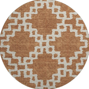 HomeRoots 8' Modern Rust and Beige Abstract Geometric Round Rug - Washable, UV Protected, Stain Resistant Design 671729