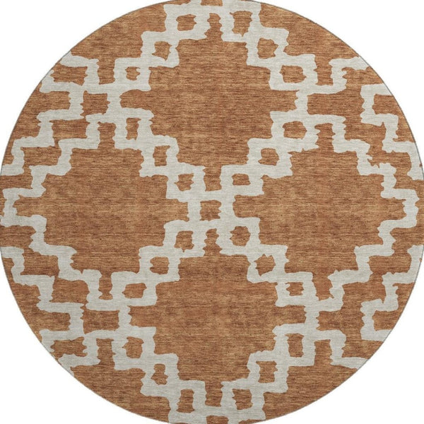 HomeRoots 8' Modern Rust and Beige Abstract Geometric Round Rug - Washable, UV Protected, Stain Resistant Design 671729