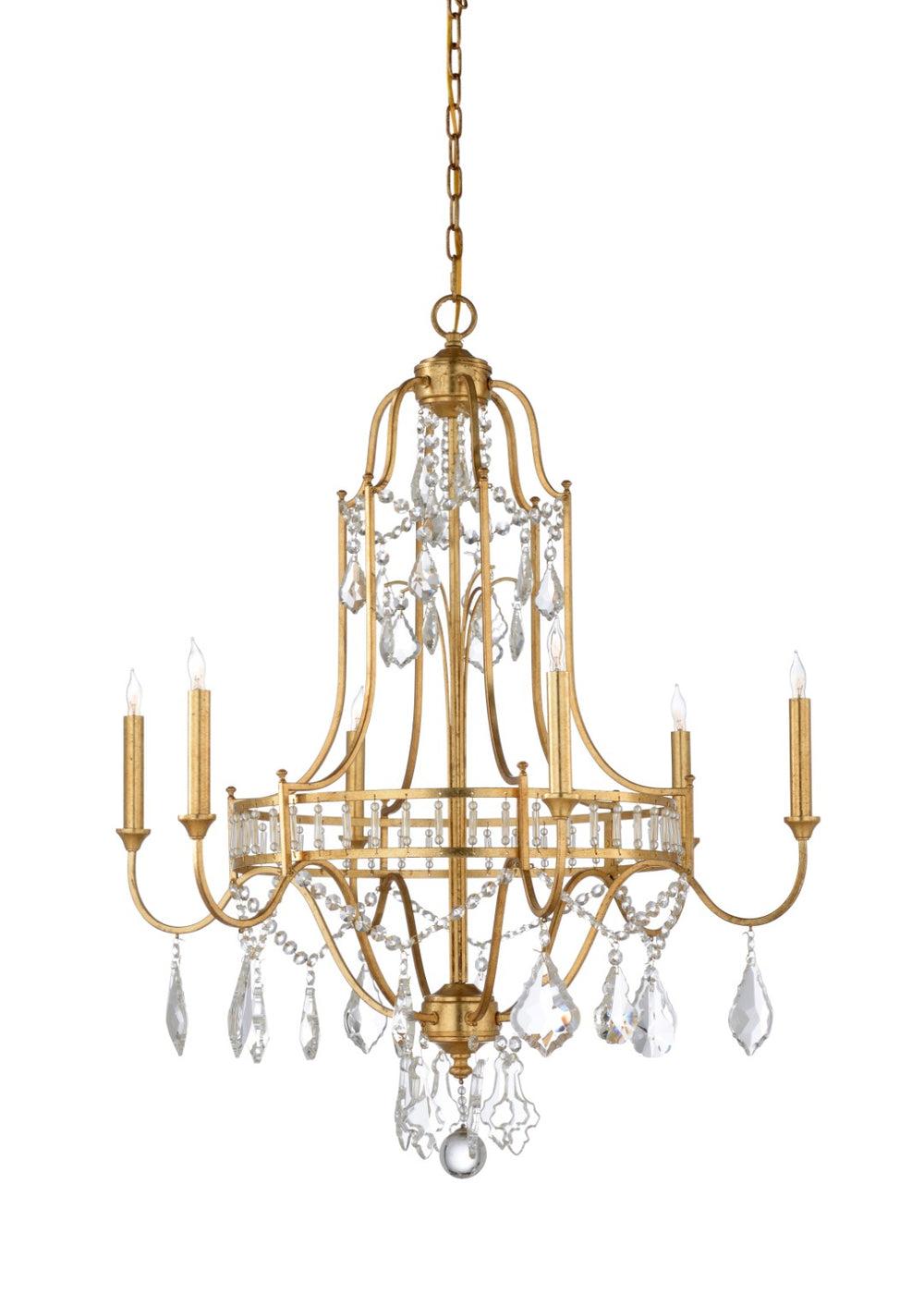 Wildwood Buckhead Antique Gold Leaf Small Chandelier With Clear Crystals, 6-Light Iron Frame & 9Ft Chain 67173