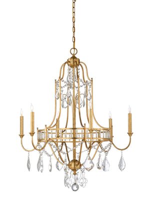 Wildwood Buckhead Antique Gold Leaf Small Chandelier With Clear Crystals, 6-Light Iron Frame & 9Ft Chain 67173