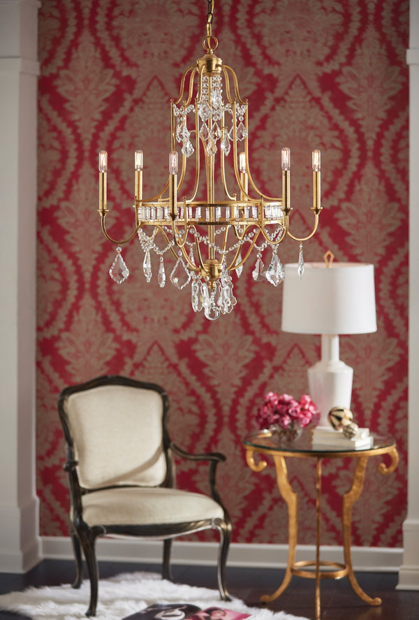 Wildwood Buckhead Antique Gold Leaf Small Chandelier With Clear Crystals, 6-Light Iron Frame & 9Ft Chain 67173