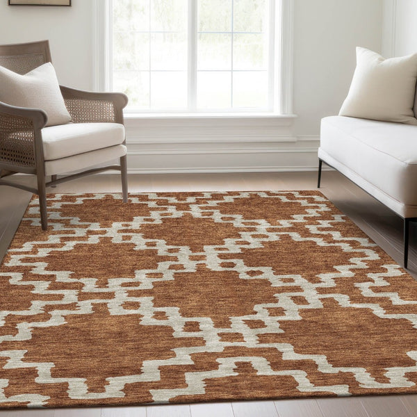 HomeRoots 9' X 12' Abstract Geometric Washable Area Rug in Rust & Beige – Durable, UV Protected, Stylish Design 671731