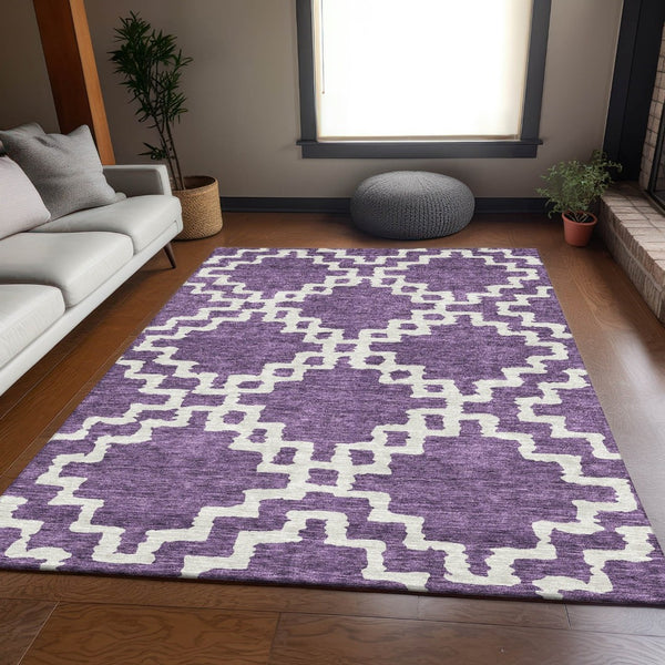 HomeRoots 5' X 8' Purple And Ivory Geometric Area Rug - Washable, UV-Protected, Stylish for Any Room! 671734