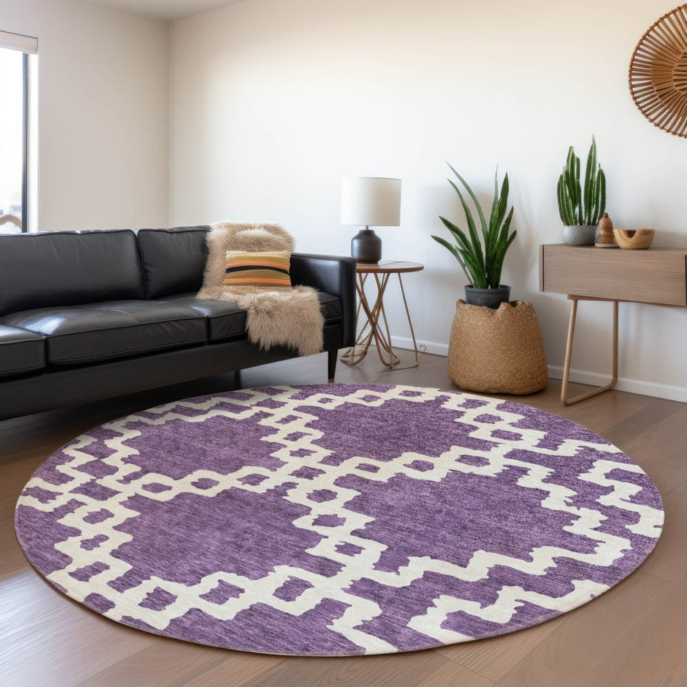 HomeRoots 8' Purple And Ivory Geometric Round Rug - Washable, UV-Resistant, Low-Profile for High-Traffic Areas 671735