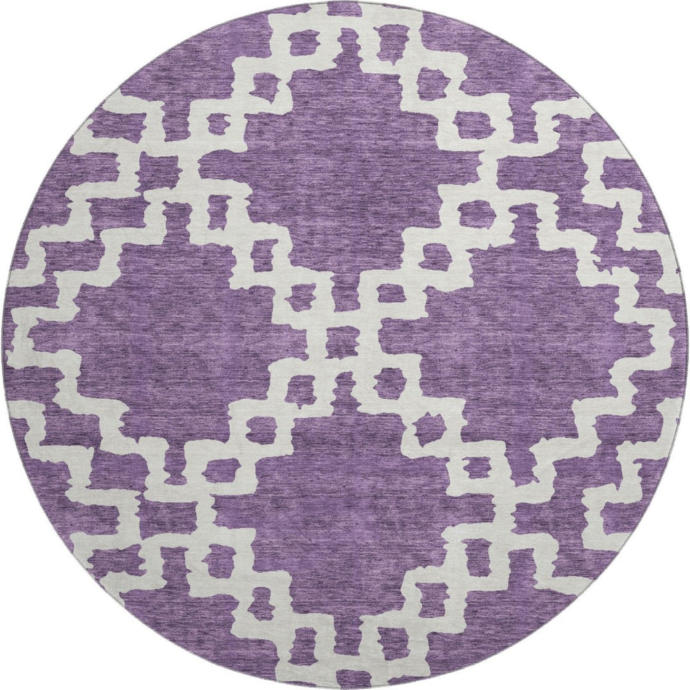 HomeRoots 8' Purple And Ivory Geometric Round Rug - Washable, UV-Resistant, Low-Profile for High-Traffic Areas 671735