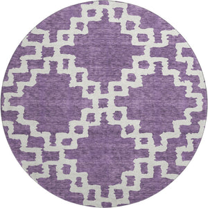 HomeRoots 8' Purple And Ivory Geometric Round Rug - Washable, UV-Resistant, Low-Profile for High-Traffic Areas 671735