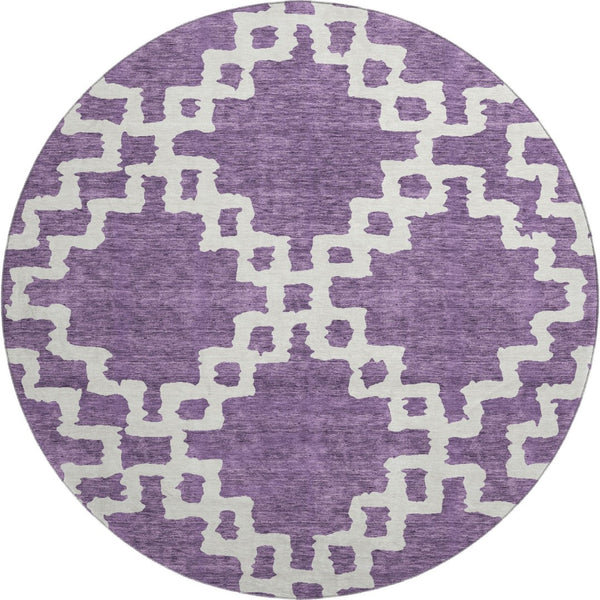 HomeRoots 8' Purple And Ivory Geometric Round Rug - Washable, UV-Resistant, Low-Profile for High-Traffic Areas 671735