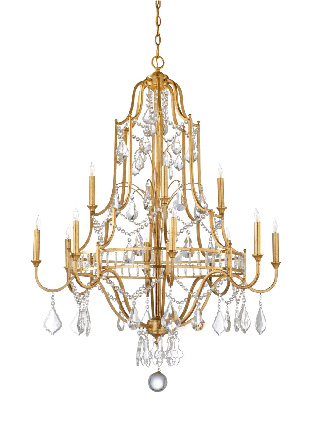 Wildwood Buckhead Antique Gold Leaf Chandelier With 12 Crystal Lights, 46"H X 35"W, Grand Foyer Statement Piece 67174