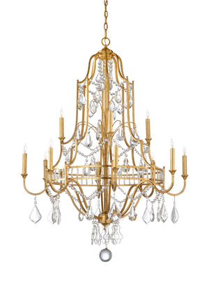 Wildwood Buckhead Antique Gold Leaf Chandelier With 12 Crystal Lights, 46"H X 35"W, Grand Foyer Statement Piece 67174