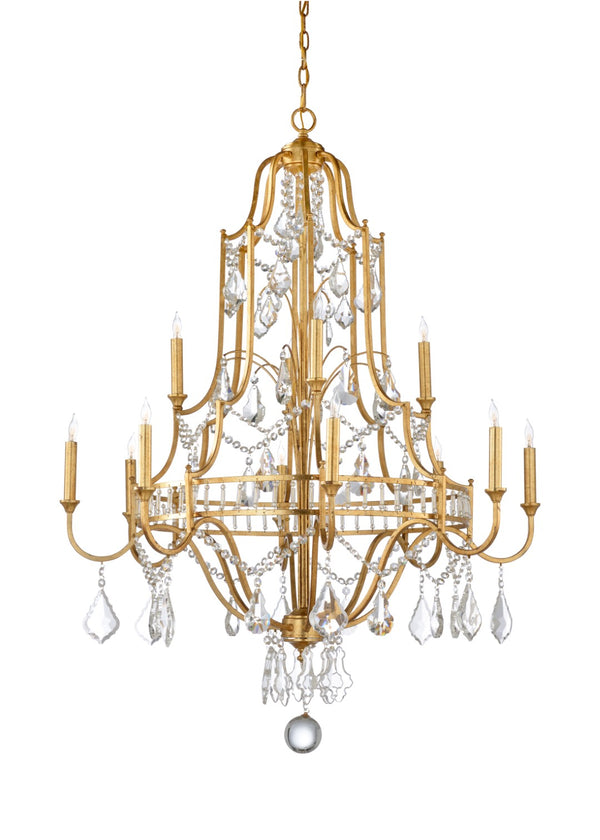 Wildwood Buckhead Antique Gold Leaf Chandelier With 12 Crystal Lights, 46"H X 35"W, Grand Foyer Statement Piece 67174