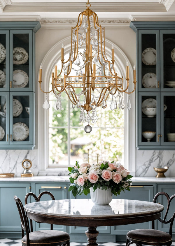 Wildwood Buckhead Antique Gold Leaf Chandelier With 12 Crystal Lights, 46"H X 35"W, Grand Foyer Statement Piece 67174