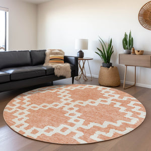 HomeRoots 8' Salmon and Ivory Abstract Geometric Round Rug - Washable, UV Protected, Stain-Resistant Beauty 671741