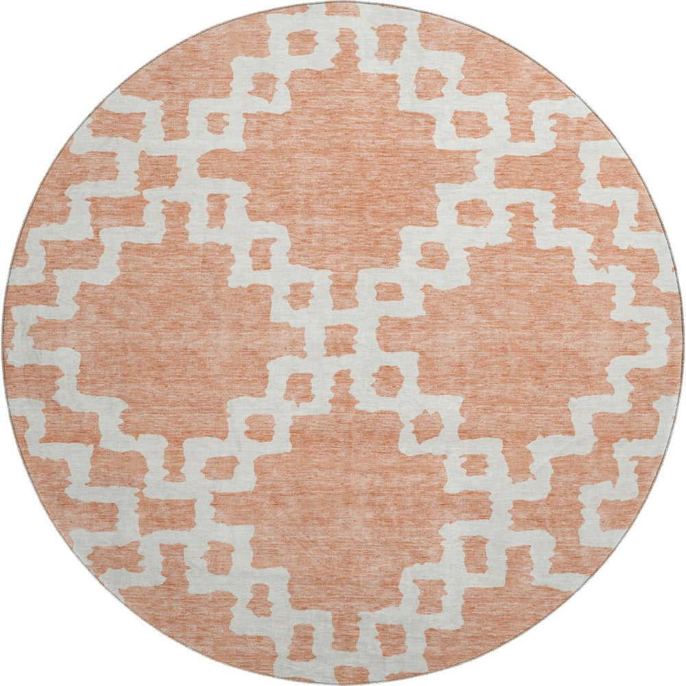 HomeRoots 8' Salmon and Ivory Abstract Geometric Round Rug - Washable, UV Protected, Stain-Resistant Beauty 671741