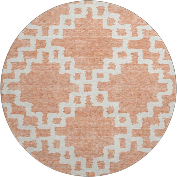 HomeRoots 8' Salmon and Ivory Abstract Geometric Round Rug - Washable, UV Protected, Stain-Resistant Beauty 671741