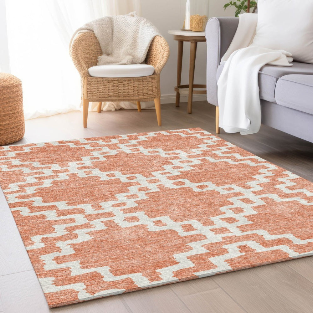 HomeRoots 8' X 10' Salmon and Ivory Abstract Geometric Area Rug - Washable, UV Protected, Kid & Pet Friendly 671742