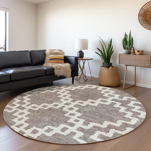 HomeRoots 8' Taupe and Ivory Abstract Geometric Round Rug – Washable, UV Protected, Ideal for High-Traffic Areas 671747
