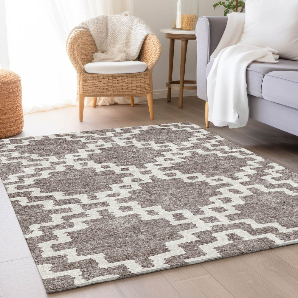 HomeRoots 8' X 10' Taupe and Ivory Abstract Geometric Area Rug - Durable, Washable, UV Protected, Stylish Comfort 671748