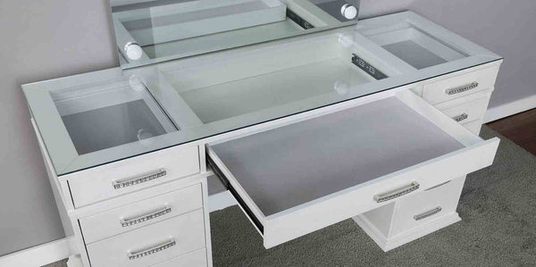 English Elm Glam Elegant Vanity Set with LED Mirror, Plush Stool, Ample Storage, Felt-Lined Drawers, Chic Finish White 41 L x 33 W x 8 H B2741S00679