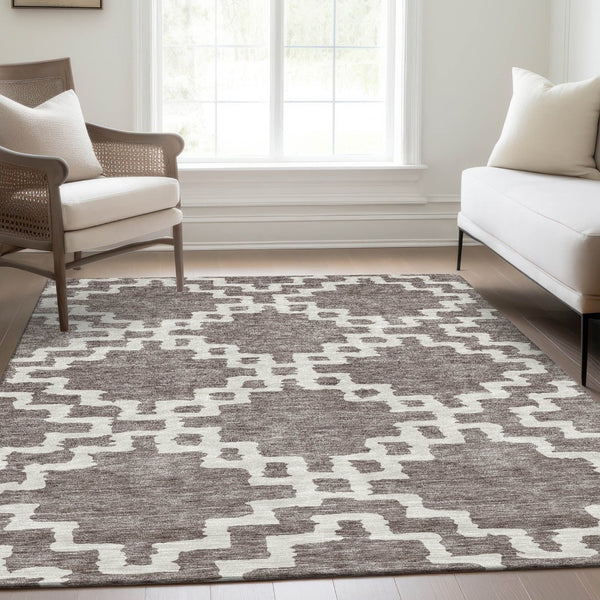 HomeRoots 10' X 14' Taupe and Ivory Abstract Geometric Area Rug - Washable, UV-Protected, Durable Design! 671750
