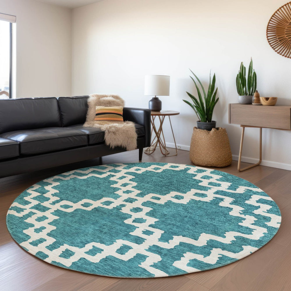HomeRoots 8' Teal and Ivory Abstract Geometric Round Rug - Washable, UV-Protected, Stylish & Durable Design 671753