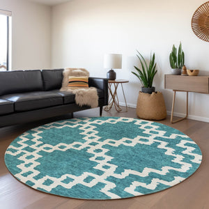 HomeRoots 8' Teal and Ivory Abstract Geometric Round Rug - Washable, UV-Protected, Stylish & Durable Design 671753