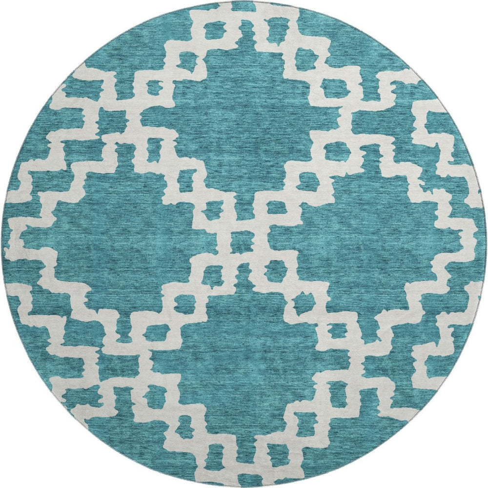 HomeRoots 8' Teal and Ivory Abstract Geometric Round Rug - Washable, UV-Protected, Stylish & Durable Design 671753