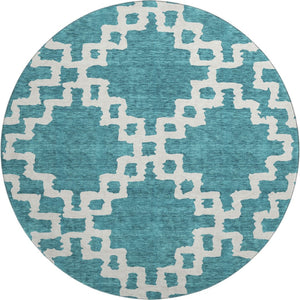 HomeRoots 8' Teal and Ivory Abstract Geometric Round Rug - Washable, UV-Protected, Stylish & Durable Design 671753