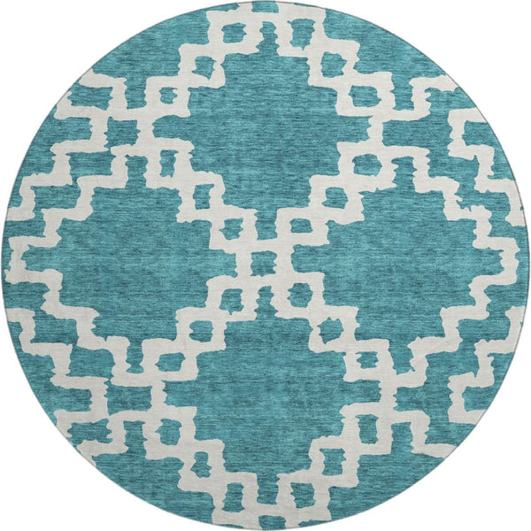 HomeRoots 8' Teal and Ivory Abstract Geometric Round Rug - Washable, UV-Protected, Stylish & Durable Design 671753