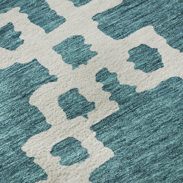 HomeRoots 8' Teal and Ivory Abstract Geometric Round Rug - Washable, UV-Protected, Stylish & Durable Design 671753