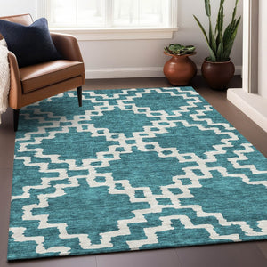 HomeRoots 8' X 10' Teal and Ivory Geometric Area Rug - Stylish, Washable, Pet-Friendly with UV Protection 671754