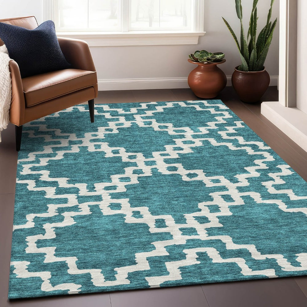 HomeRoots 10' Teal & Ivory Abstract Geometric Washable Area Rug – Stylish, Durable, UV-Protected for Modern Homes 671756